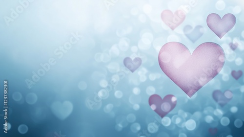 Purple hearts floating on a blue bokeh background representing love and romance