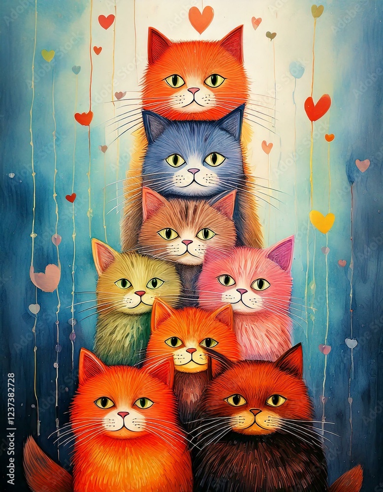 cut tower of colourful cats illustration 