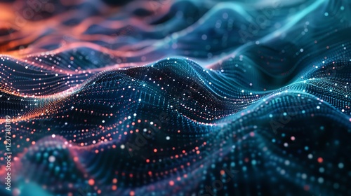 Digital background with wave of glowing particles with depth of field and bokeh