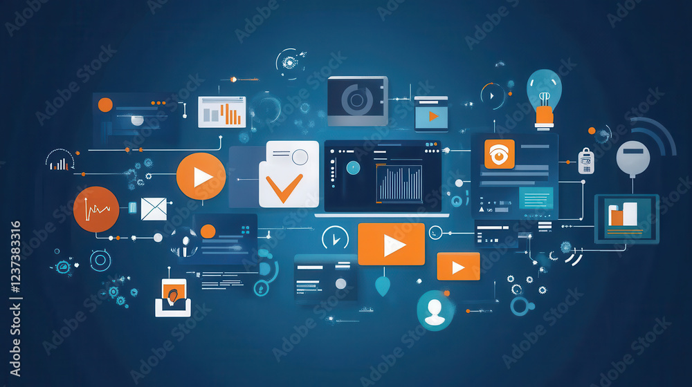 Digital marketing strategy concept with interconnected online advertising media and data analytics icons on a futuristic technology background Digital marketing strategy concept with interconnected online advertising media and data analytics icons on a futuristic technology background