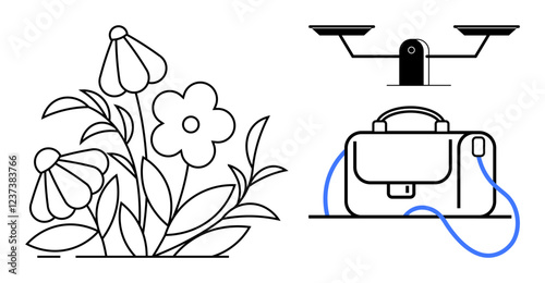 Flowers blooming, a briefcase with shoulder strap, and a balance scale. Ideal for themes of nature, work-life balance, justice, professionalism, productivity, law, and finance. Line metaphor