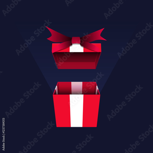 Clean vector design of an open gift with glowing light coming out from inside the gift