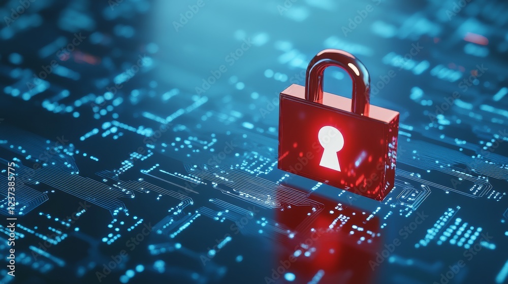 Cybersecurity padlock locking intricate circuitry, protecting digital access and data integrity in electronic systems Cybersecurity padlock locking intricate circuitry, protecting digital access and data integrity in electronic systems