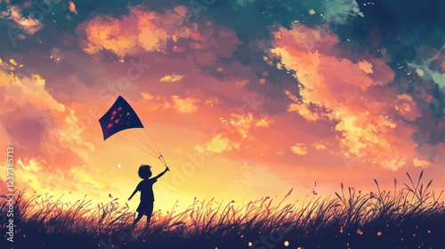 Illustration of a child flying a kite in a pastel sunset sky,