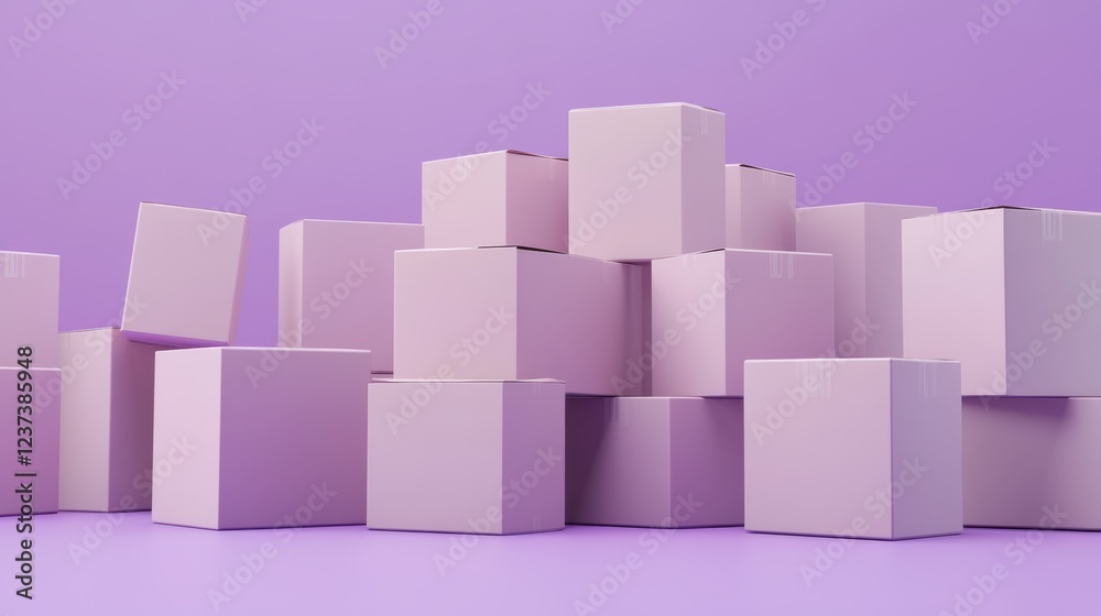 Fototapeta premium Striking contrast, stacked white boxes on a vibrant purple backdrop in modern studio setting