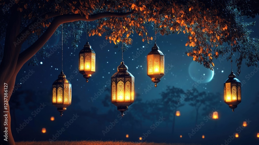 Enchanted Night: Ramadan Lanterns Under Starlit Sky Enchanted Night: Ramadan Lanterns Under Starlit Sky