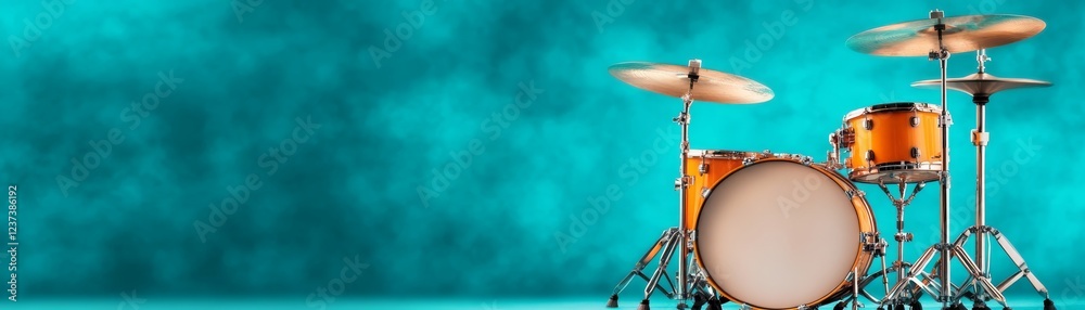 Obraz premium Dynamic drum set against a striking blue backdrop, captivating studio portrait of musical percussion