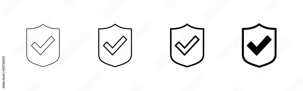 Shield check mark icon vector isolated on white background. Protection approve sign. Safe icon vector Shield check mark icon vector isolated on white background. Protection approve sign. Safe icon vector