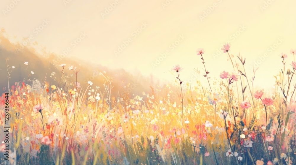Naklejka premium Illustration of a gentle meadow with pastel-colored