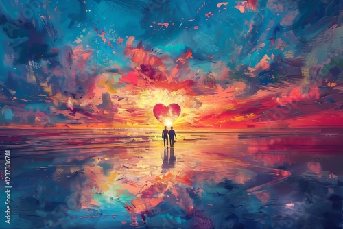 Couple walking hand in hand on a beach at sunset with a heart-shaped reflection in the water