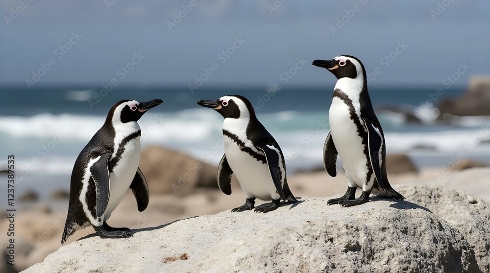 Fototapeta premium Three African Penguins on Rocky Beach near Ocean Waves Stunning Wildlife Photography Image of Adorable Birds