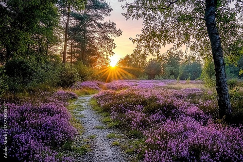 Breathtaking sunrise over a vibrant purple heathland field, with blooming flowers and a serene pathway winding through the Westerheide in Hilversum, The Netherlands.
 photo