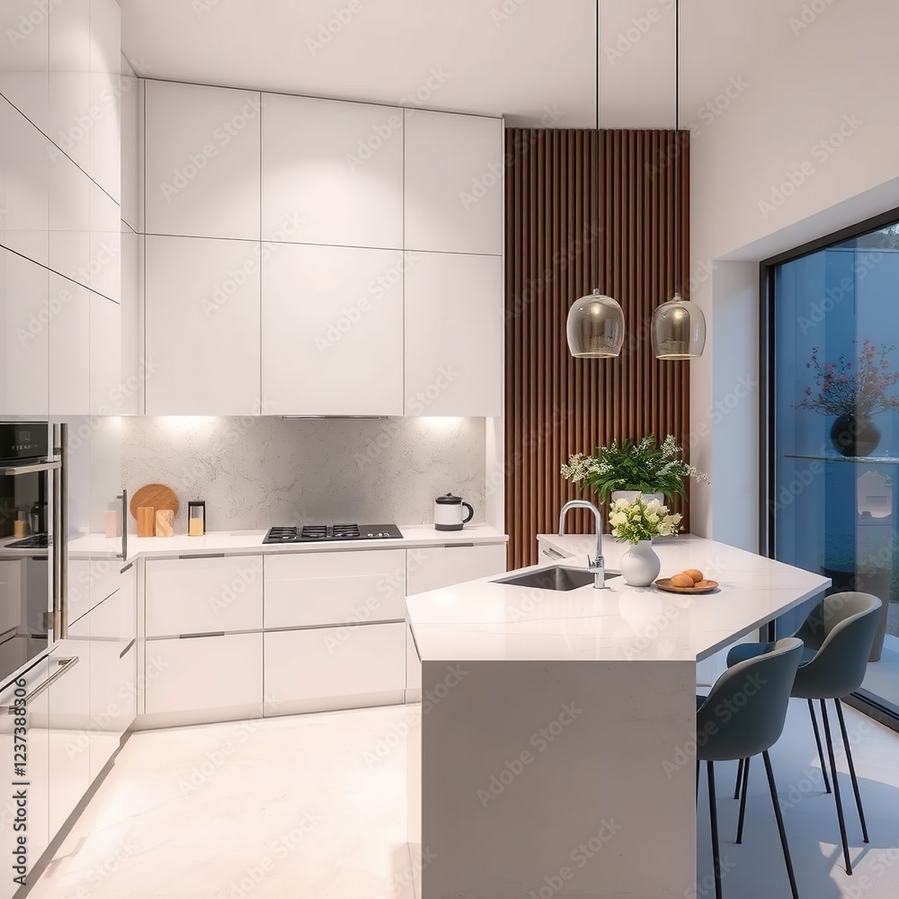 Modern luxury kitchen interior in minimal scandinavian style, white color Modern luxury kitchen interior in minimal scandinavian style, white color