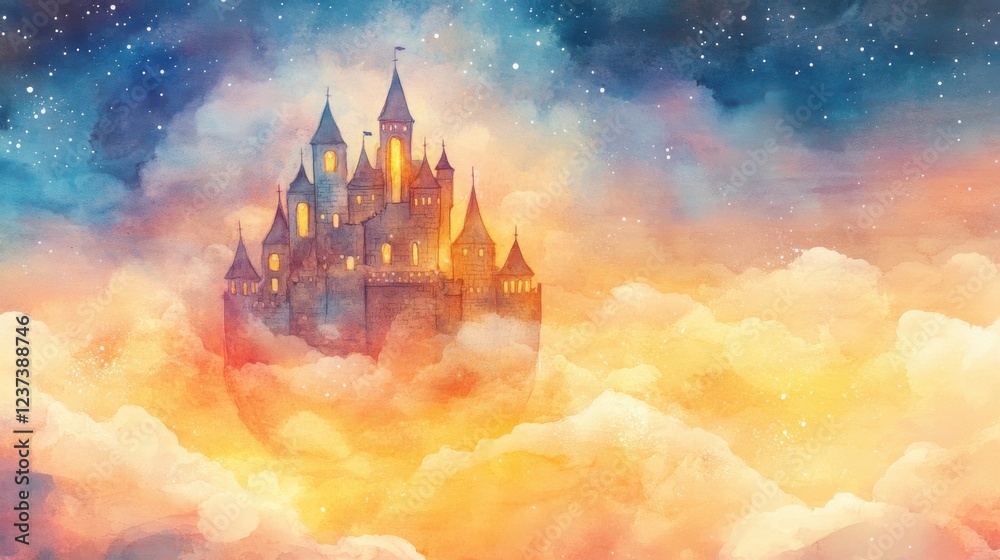 Naklejka premium Watercolor painting of a magical castle floating on pastel clouds,