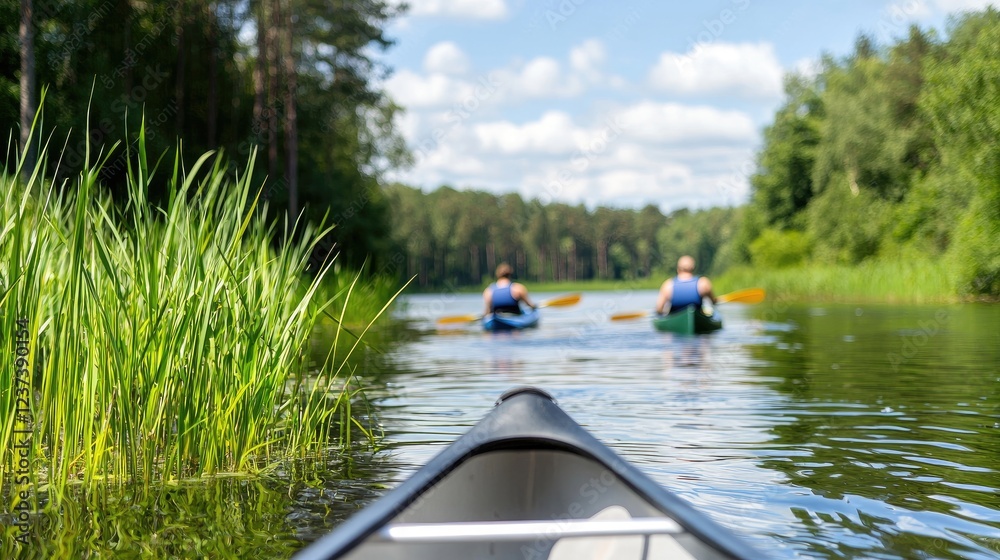 Fototapeta premium Kayaking duo on serene river, forest backdrop, summer leisure activity