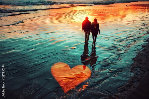 Couple walking hand in hand on a beach at sunset with a heart-shaped reflection in the water