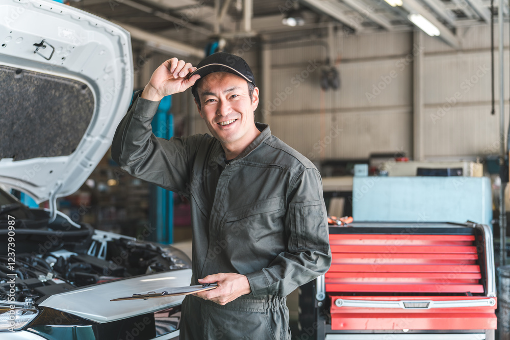 自動車のエンジンルームをチェックする自動車整備士・受け入れ検査(車検・定期点検)
自動車のエンジンルームをチェックする自動車整備士・受け入れ検査(車検・定期点検)