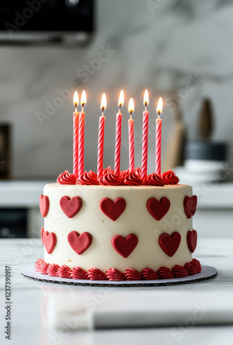 A delicious Valentine day romantic love cake decorated with hearts