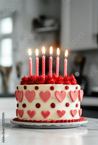 A delicious Valentine day romantic love cake decorated with hearts