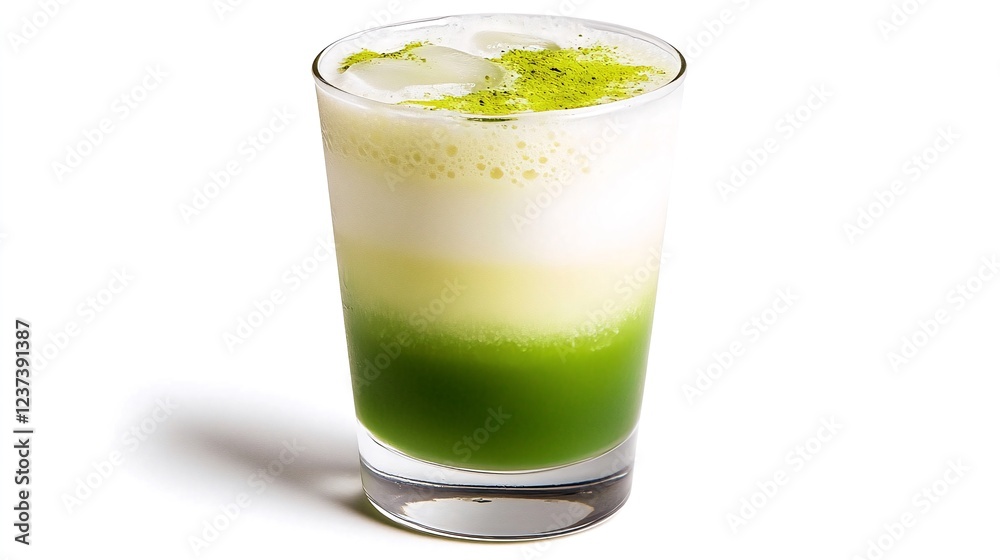 Layered Matcha Latte drink, frothy top, isolated white Layered Matcha Latte drink, frothy top, isolated white
