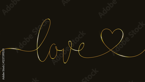 LOVE. Line art. Gold. Hand lettering. Love, heart, relationship. Vector illustration. Typography. Valentine's Day. Continuous line. Script love text. poster, card, banner, wedding, tee, t-shirt. 
