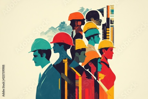 Diverse construction team silhouettes in hard hats