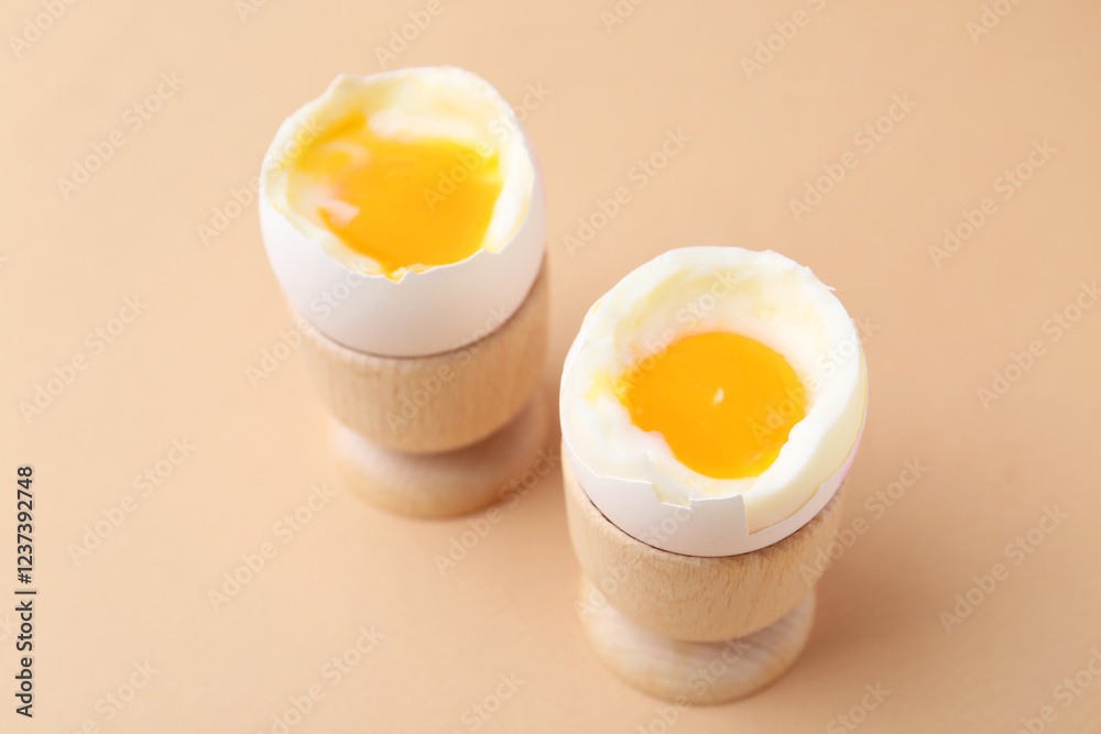 Soft boiled eggs in cups on beige background, closeup Soft boiled eggs in cups on beige background, closeup