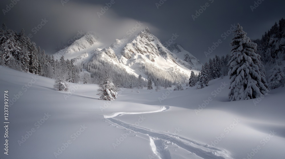 Obraz premium Winter wonderland: Stunning landscape blanketed in snow, capturing the serene beauty and tranquil atmosphere of a pristine winter scene with picturesque scenery and frosty