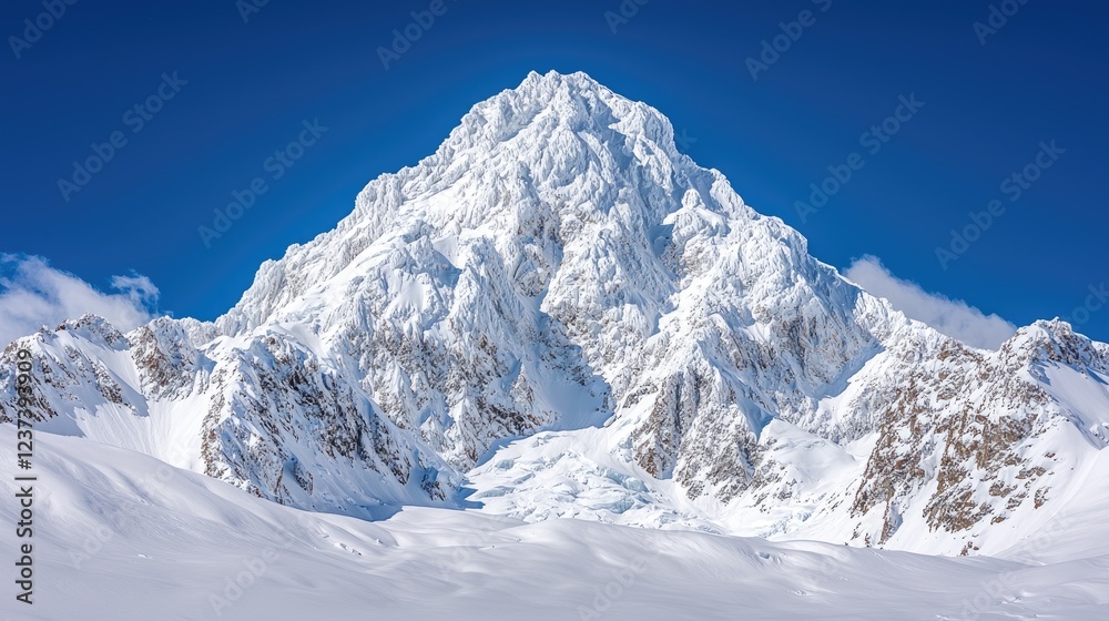 Obraz premium Majestic snow-capped peak under blue sky; winter landscape