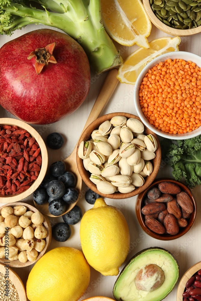 Different superfood products on white table, flat lay Different superfood products on white table, flat lay