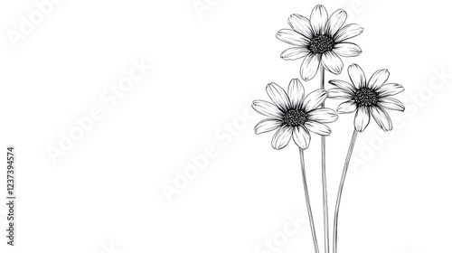 Three Daisies Stems Delicate Line Drawing Art