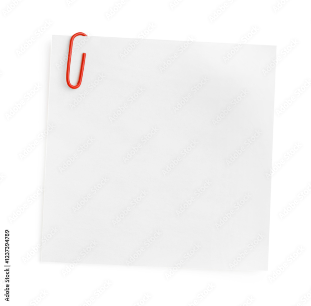 Blank paper note attached with clip isolated on white, top view Blank paper note attached with clip isolated on white, top view