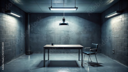 Dark interrogation room with one small overhead light