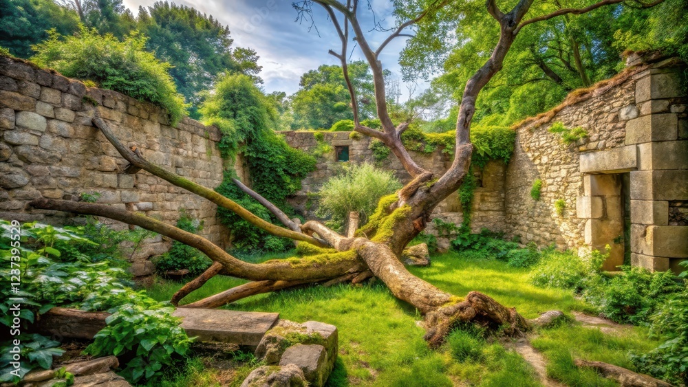 A serene landscape with a fallen tree and overgrown weeds in a once-lush garden surrounded by stone walls, symbolizing decay and neglect , overgrowth, stone walls A serene landscape with a fallen tree and overgrown weeds in a once-lush garden surrounded by stone walls, symbolizing decay and neglect , overgrowth, stone walls