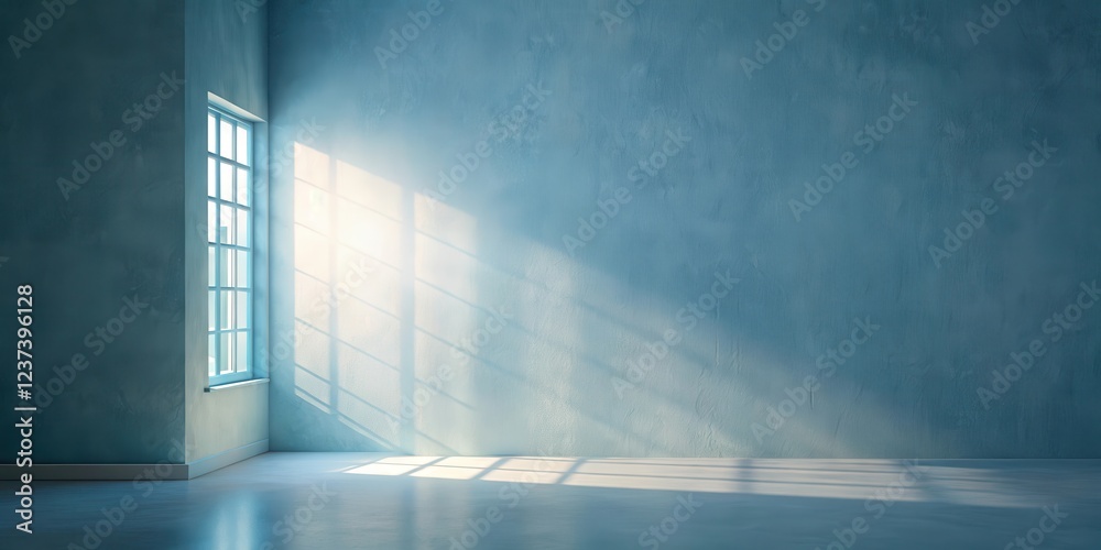 Obraz premium Softly illuminated plaster wall with subtle shadow and light emanating from a window, casting an ethereal glow , interior design, minimal abstract light blue background