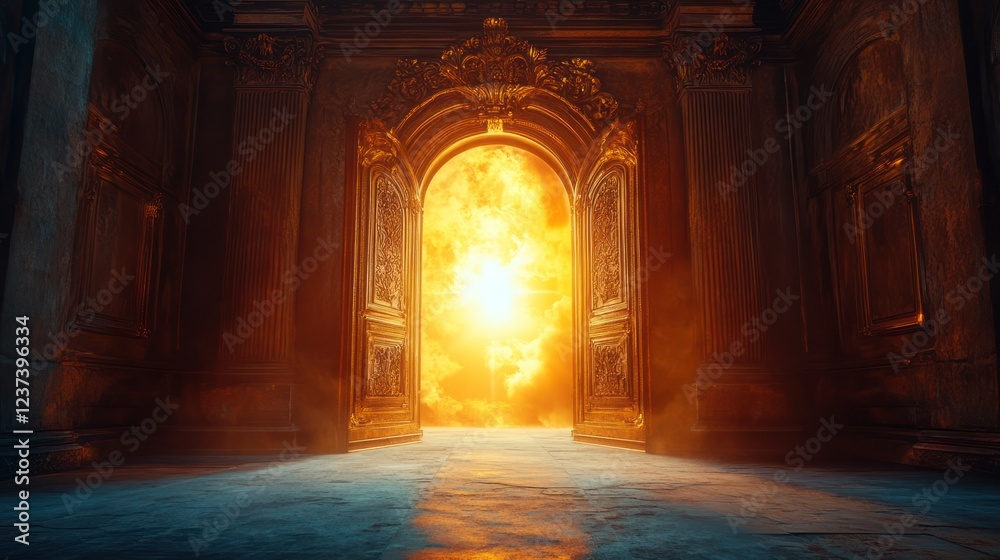 Fototapeta premium Palace doorway, fire, heaven, fantasy, game background