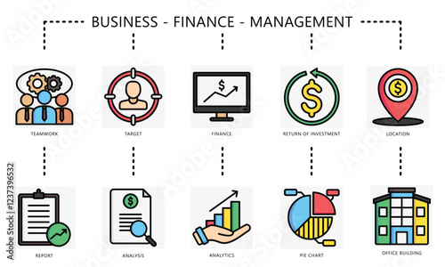 Business colored outline set. contain teamwork, target, analysis, ROI, pie chart, location, report and more. use for UI, UX, app and web development, digital or print, for financial, management.