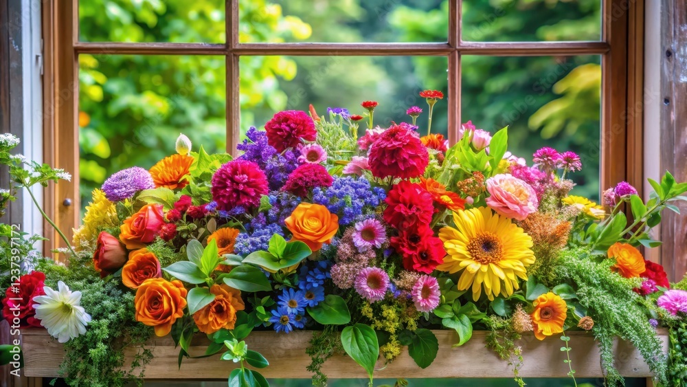 Vibrant floral arrangement in a window with an abundance of colorful blooms and lush greenery surrounding them , flowers Vibrant floral arrangement in a window with an abundance of colorful blooms and lush greenery surrounding them , flowers