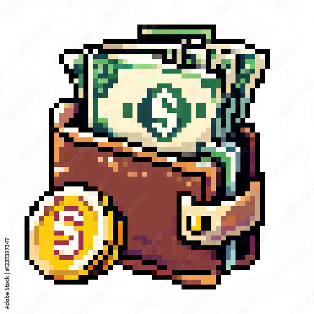 Fototapeta premium illustration of a wallet holding dollars pixel art on a white background