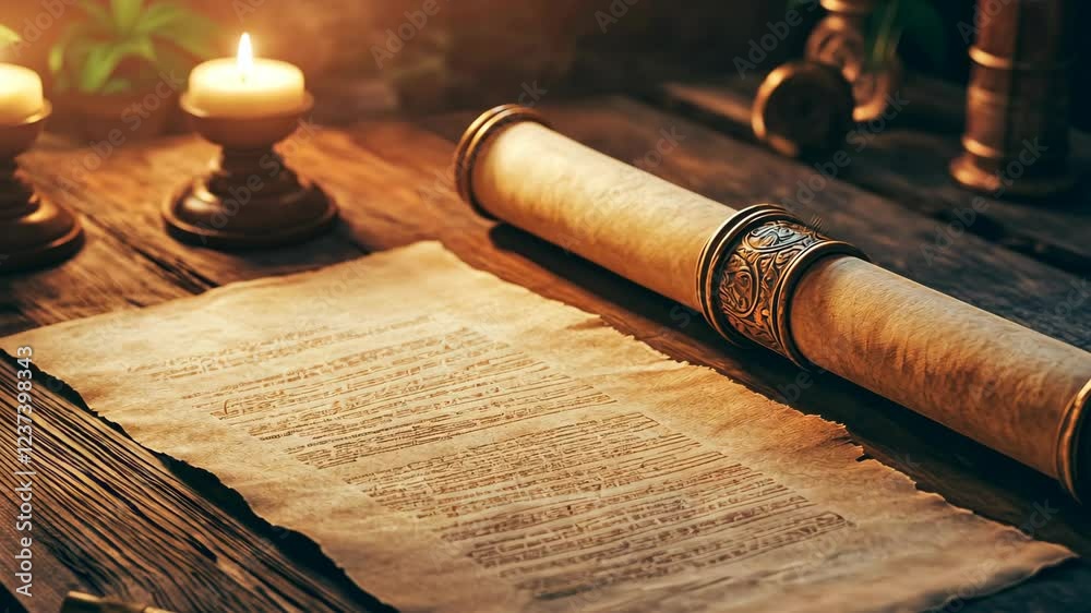 Old scroll with ancient writing and candles placed on a wooden table in a dimly lit room Old scroll with ancient writing and candles placed on a wooden table in a dimly lit room