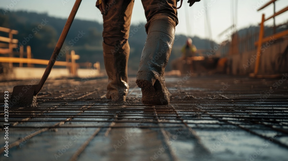An intense close-up of a concrete worker finishing concrete on a dam repair project, Dam repair concrete finishing scene, Methodical and precise style An intense close-up of a concrete worker finishing concrete on a dam repair project, Dam repair concrete finishing scene, Methodical and precise style