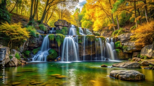 waterfall in forest surrounded by yellow and green trees and rocks, greenery, water features