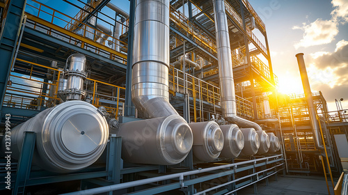 A dramatic open shot of a heat exchanger in the middle of an expansive industrial site, with sunlight filtering through high factory windows, casting light across the metal structures