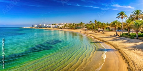 Sunny golden sand landscape of Hammamet beach in Tunisia with clear blue waters and palm trees, golden sand