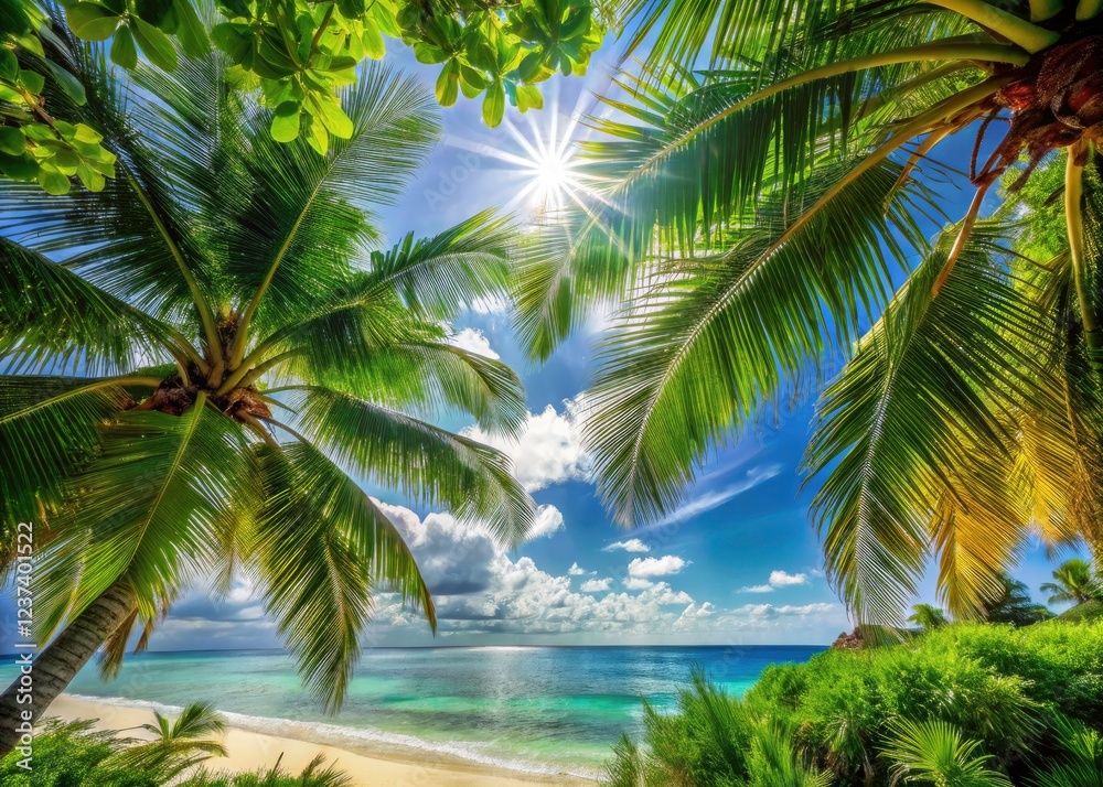 Fototapeta premium Coastal paradise: palm trees cast shade on a sunny beach strewn with dry yellow leaves.