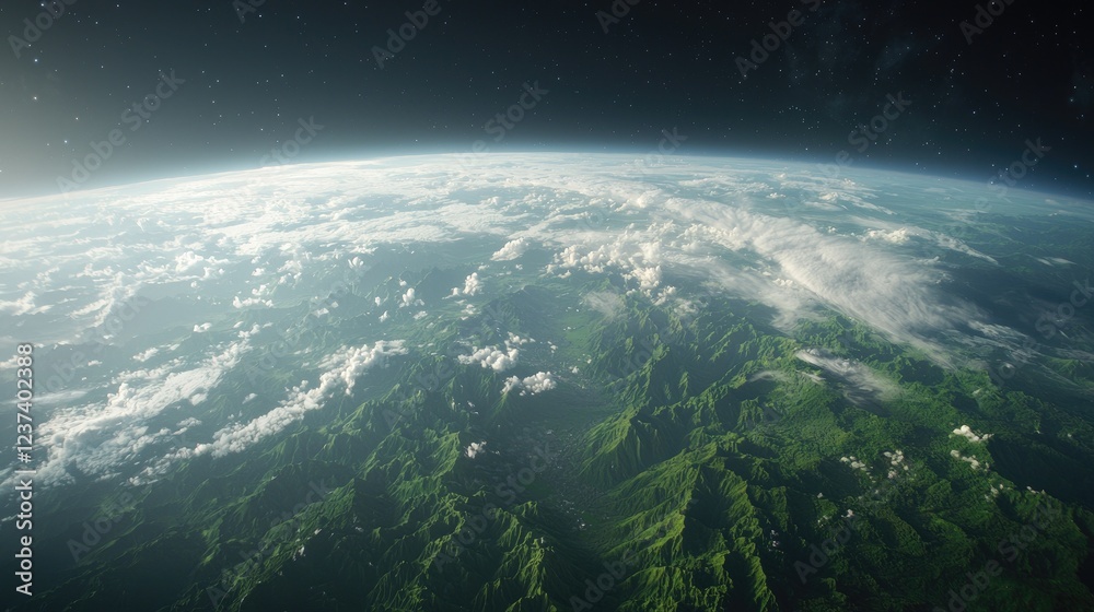 Obraz premium Earth sunrise, mountain landscape, space view, environmental conservation