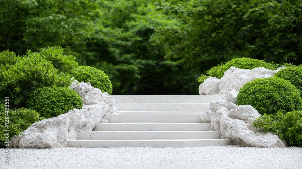 Fototapeta premium Serene garden stone steps, lush greenery background, peaceful zen