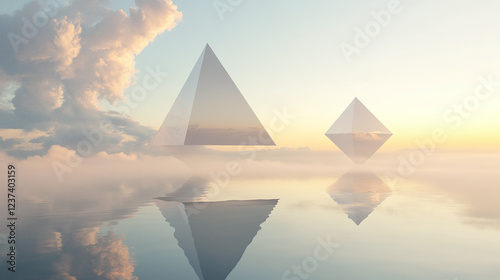 Floating geometric figures in a soft, cloudy atmosphere, serene and calming