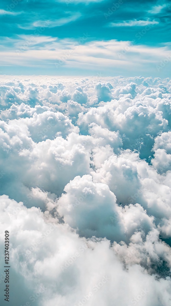 Aerial view of fluffy clouds above, sunny sky, travel, background for design Aerial view of fluffy clouds above, sunny sky, travel, background for design
