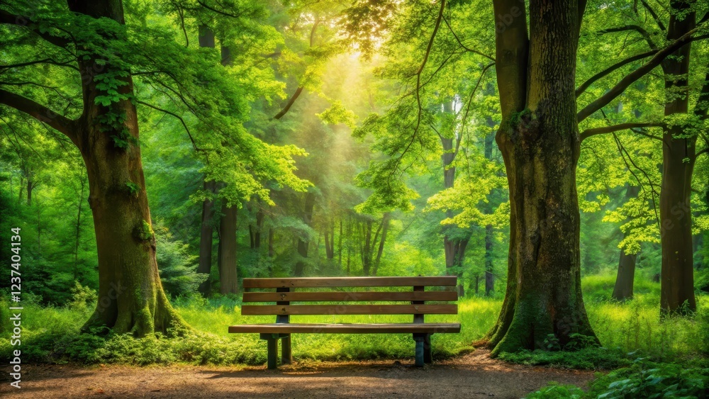 wooden bench under lush green tree in forest, outdoors , wooden bench wooden bench under lush green tree in forest, outdoors , wooden bench